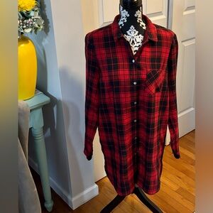 J Jill Flannel Shirt Womens M Tall Tunic Red Plaid Side Pocket LS Button Up